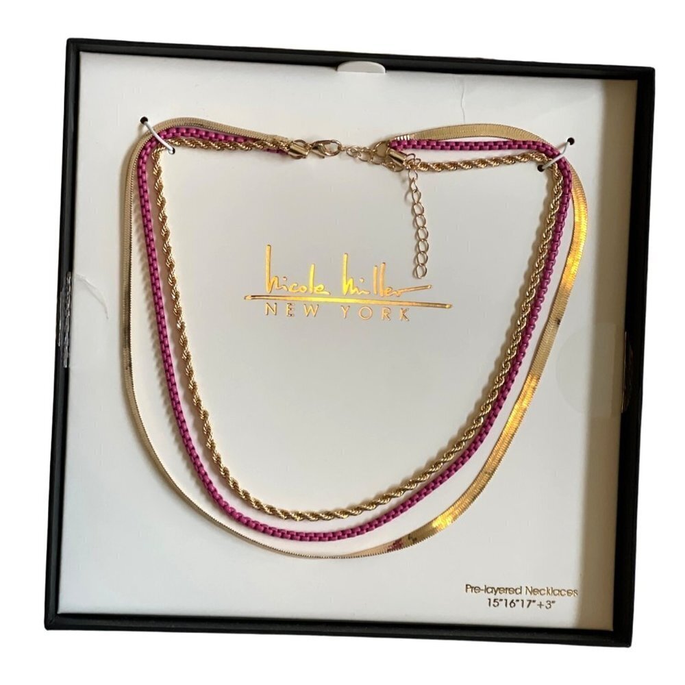 Nicole Miller Layered Necklace Triple Gold Tone Pink Snake Rope 3" Ext NEW